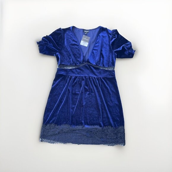 Topshop Women’s Velvet Lace Trim Mini Dress Black Short Sleeve Size 10 US - Picture 1 of 13